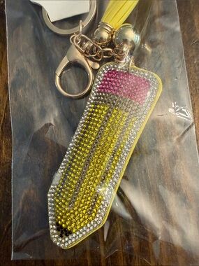 Fashion Jewelry Yellow and Pink Rhinestone Pencil Keychain Charm w/Tassel